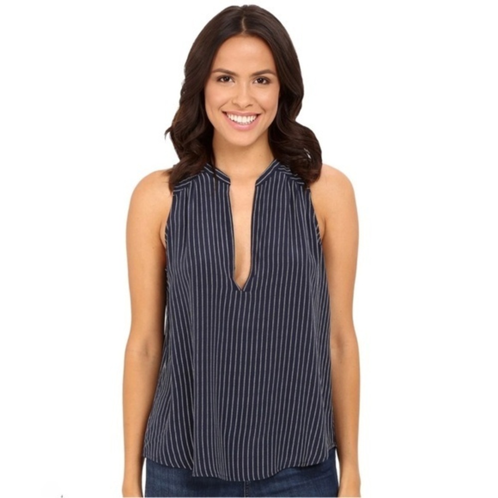 Joie NWT Kotahi SILK Navy and White Striped Sleeveless Women's Top Deep V Sz S